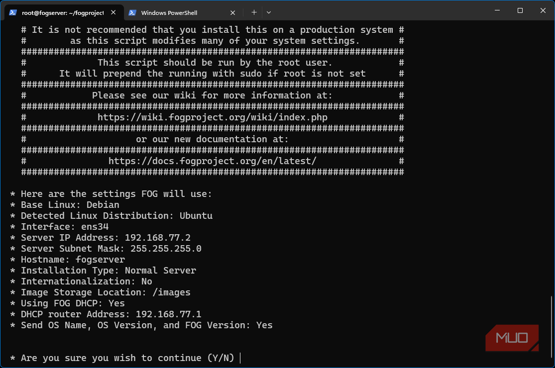 Ubuntu Fog Project installation final step showing accepted configuraton