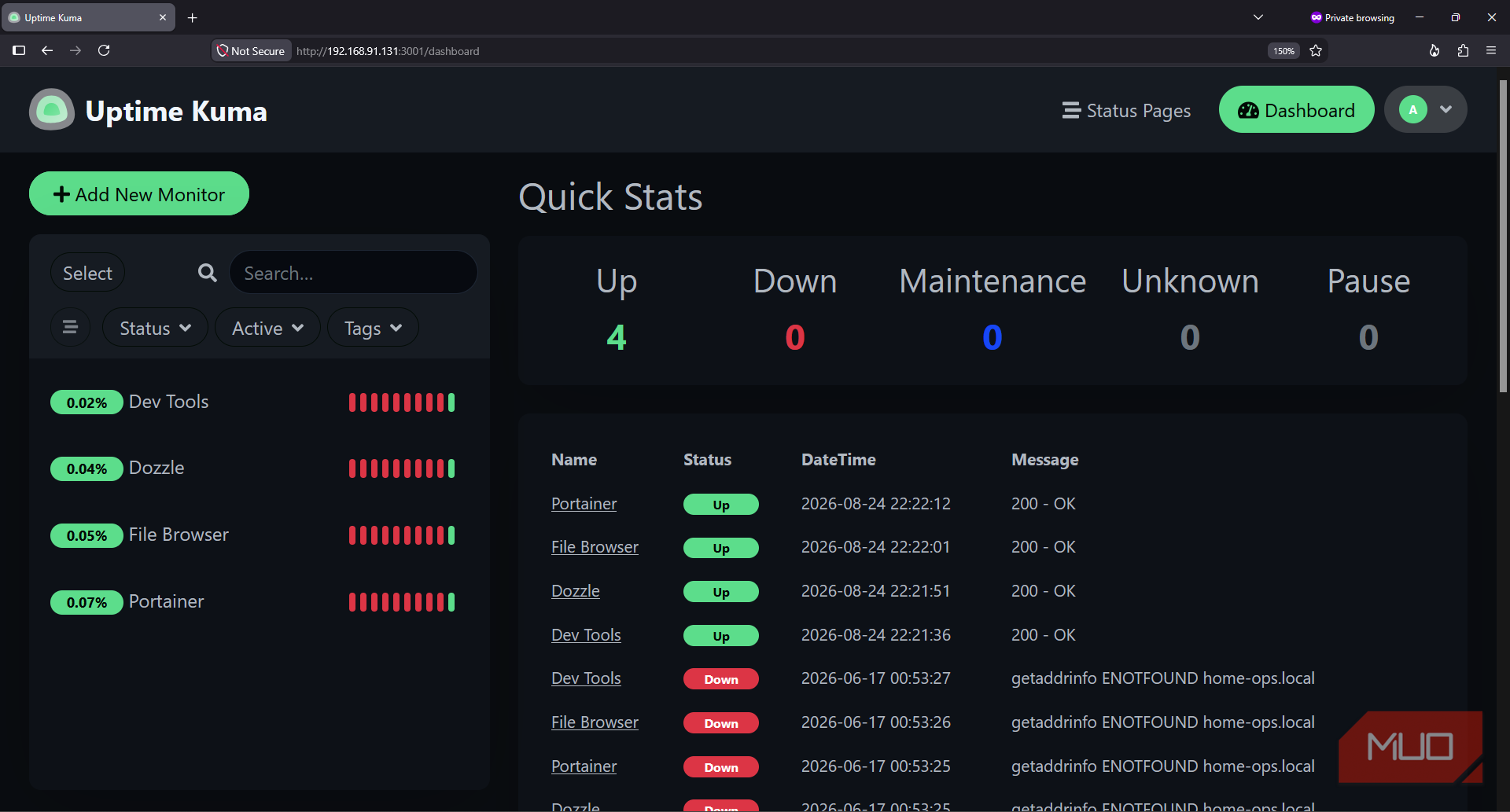Uptime Kuma dashboard running on HTTP