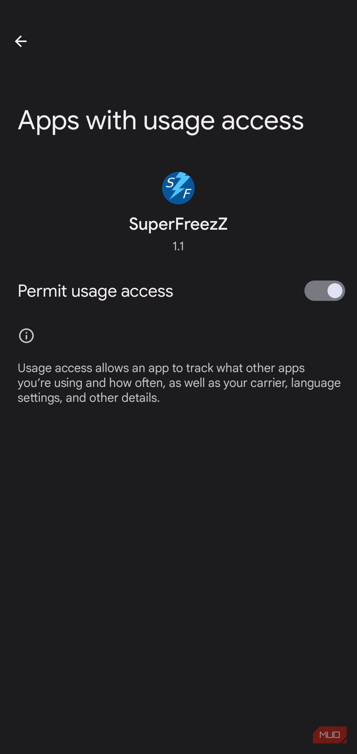 superfreezz seeking Android's app usage access.