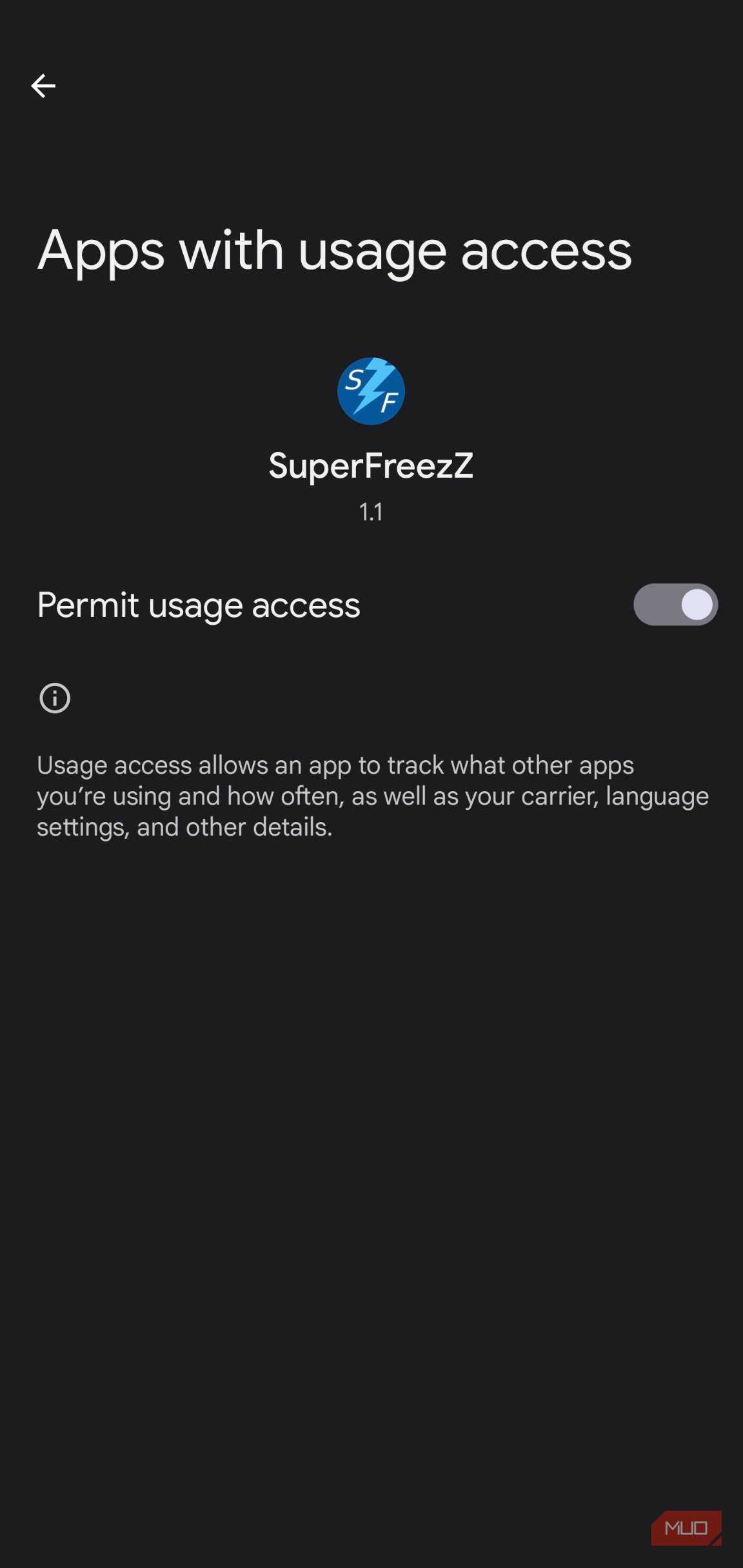 superfreezz seeking Android's app usage access.