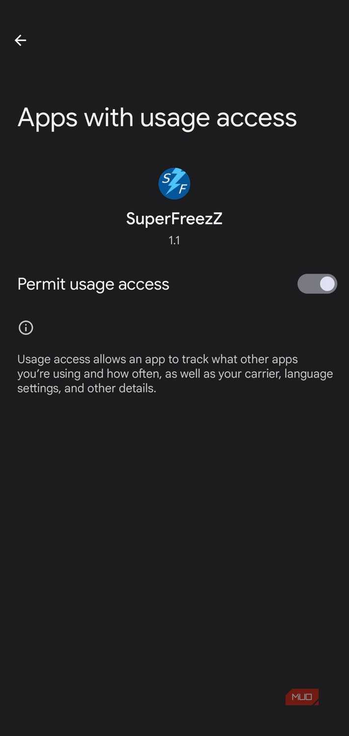 superfreezz seeking Android's app usage access.