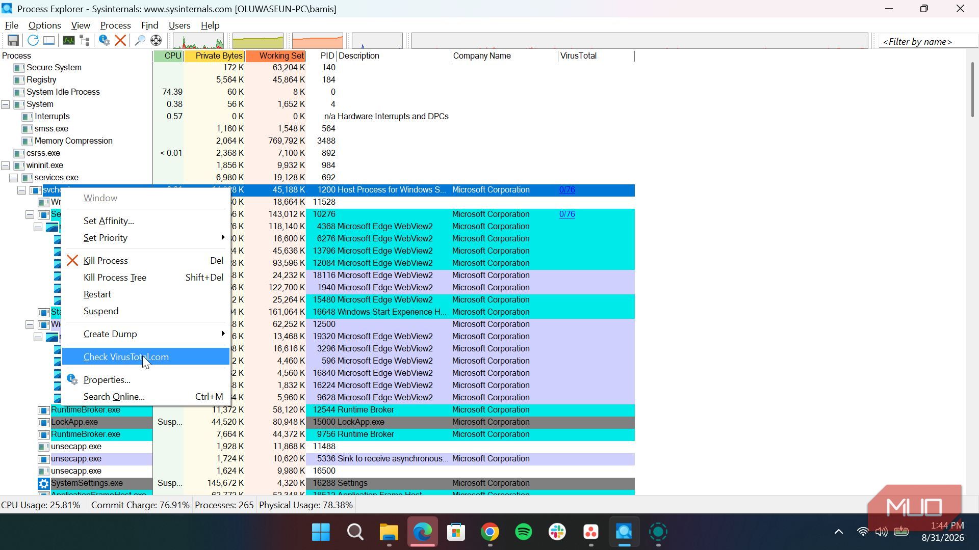 Using VirusTotal in Process Explorer