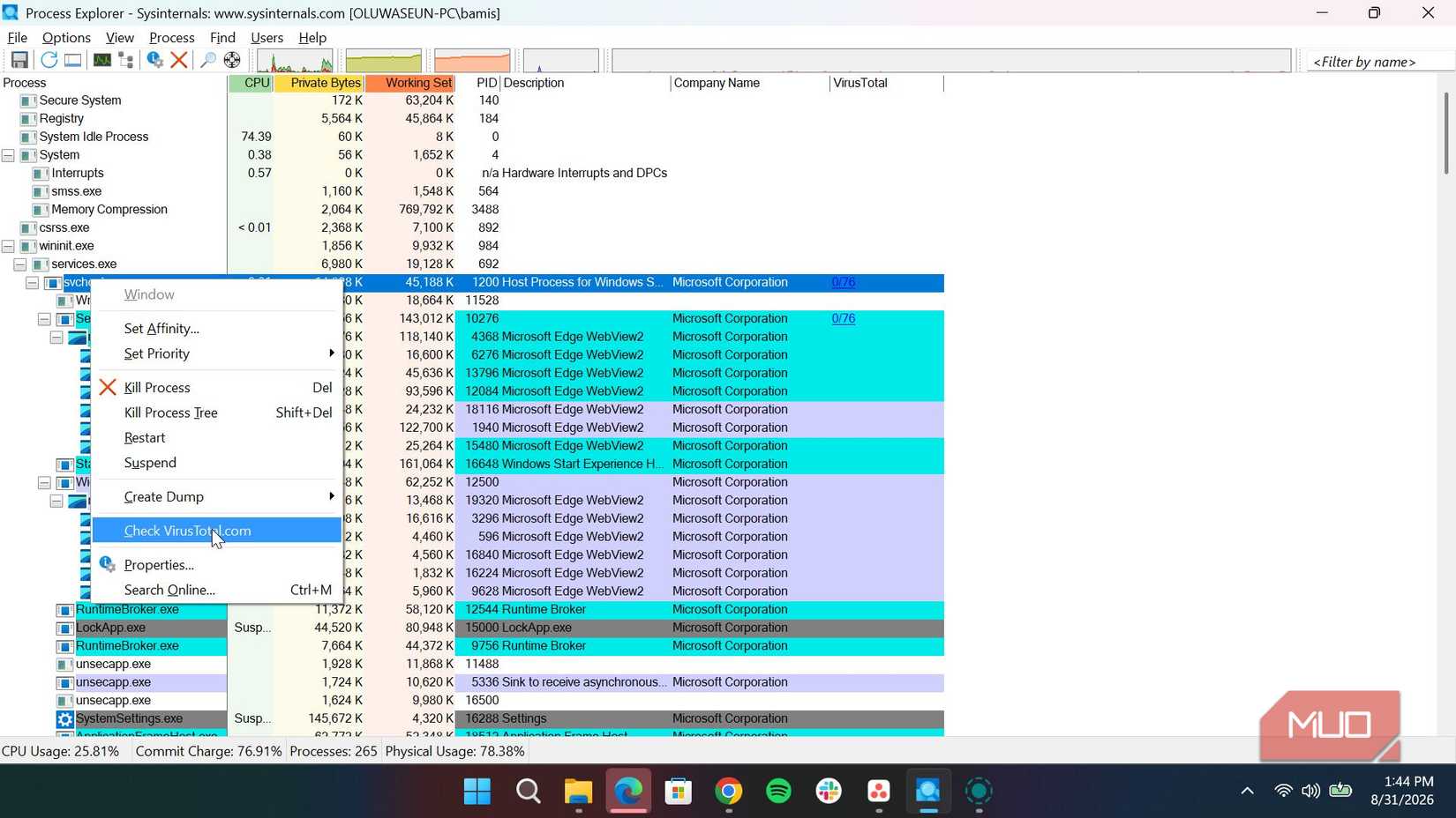 Using VirusTotal in Process Explorer