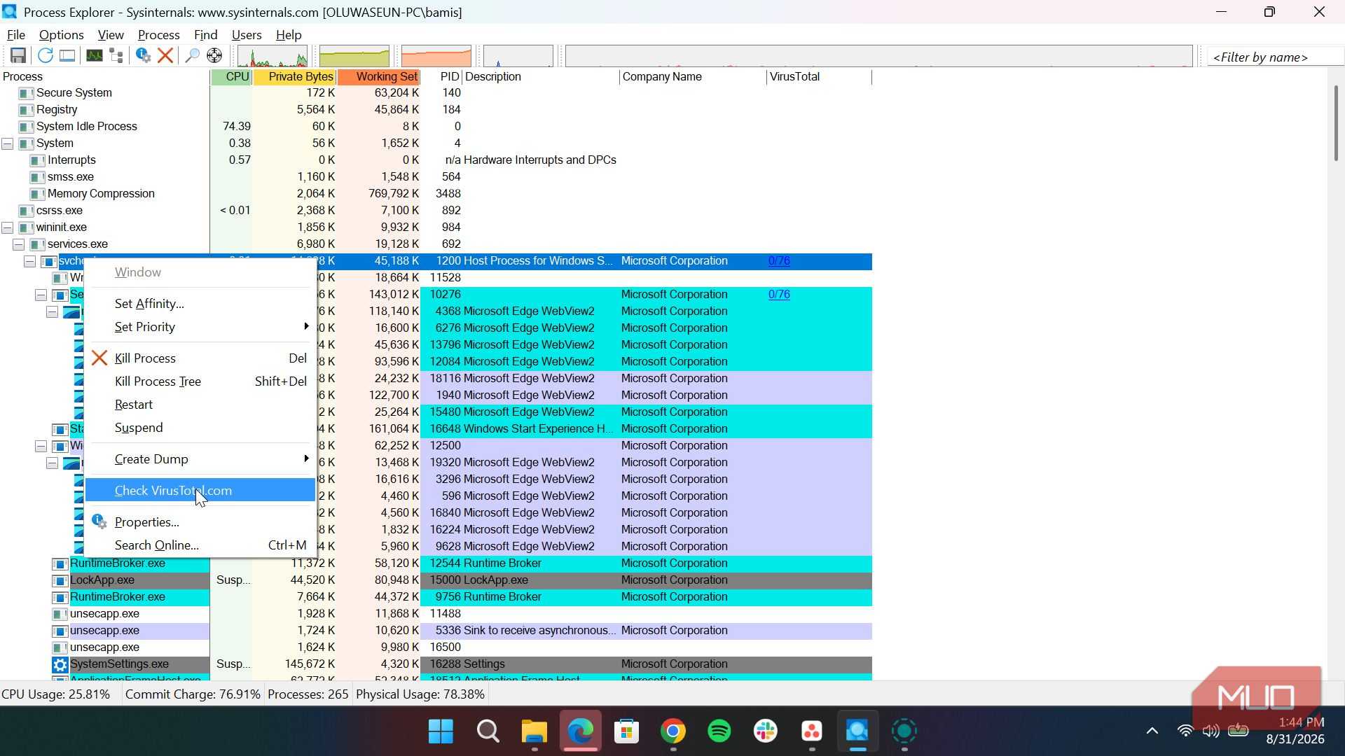 Using VirusTotal in Process Explorer