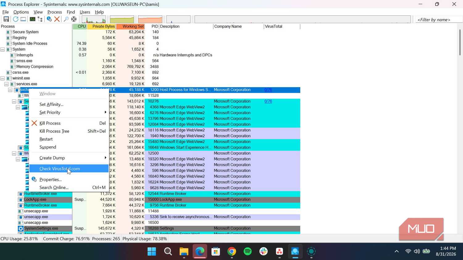 Using VirusTotal in Process Explorer