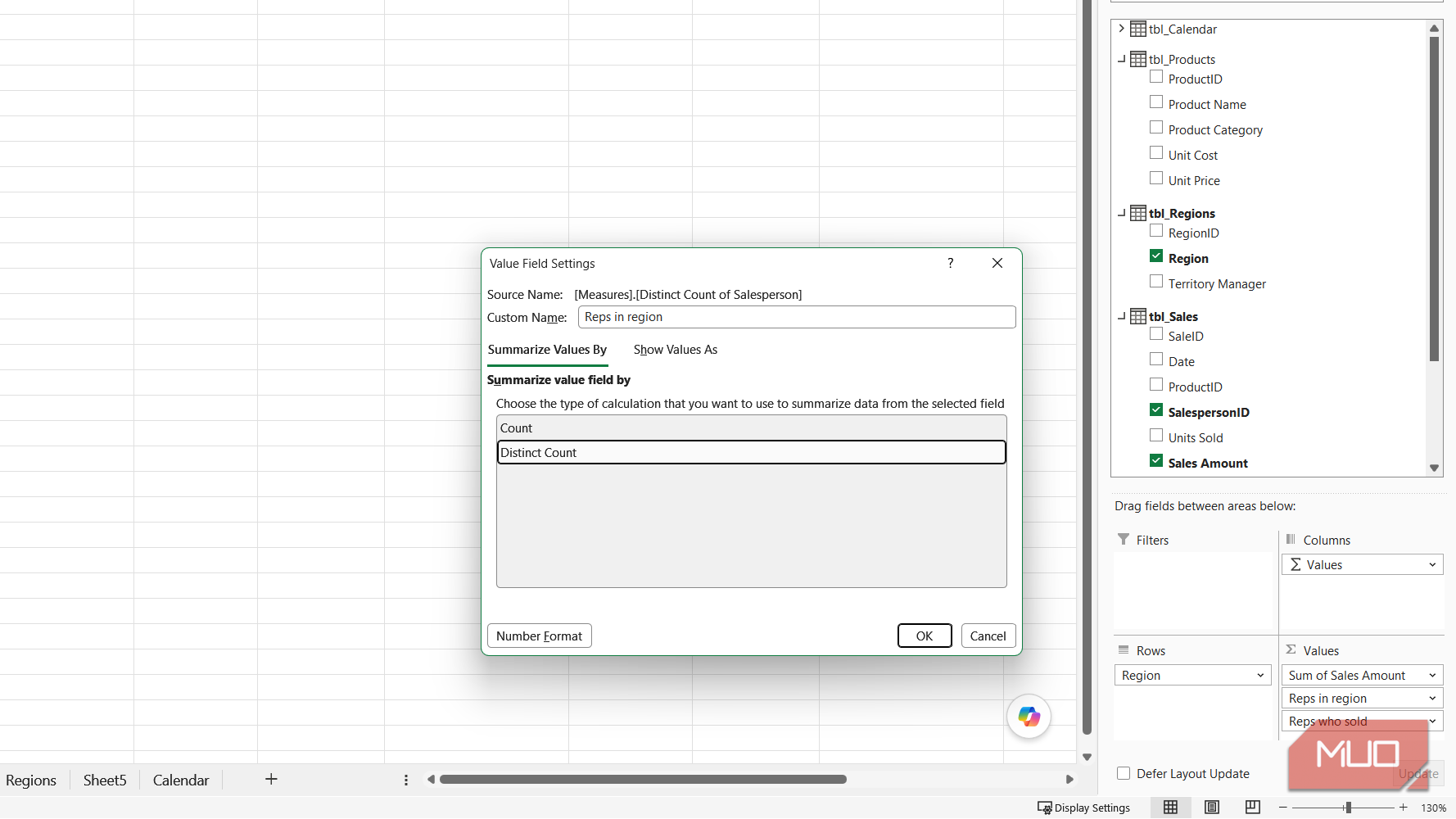 Value field settings for reps in the region in Excel.