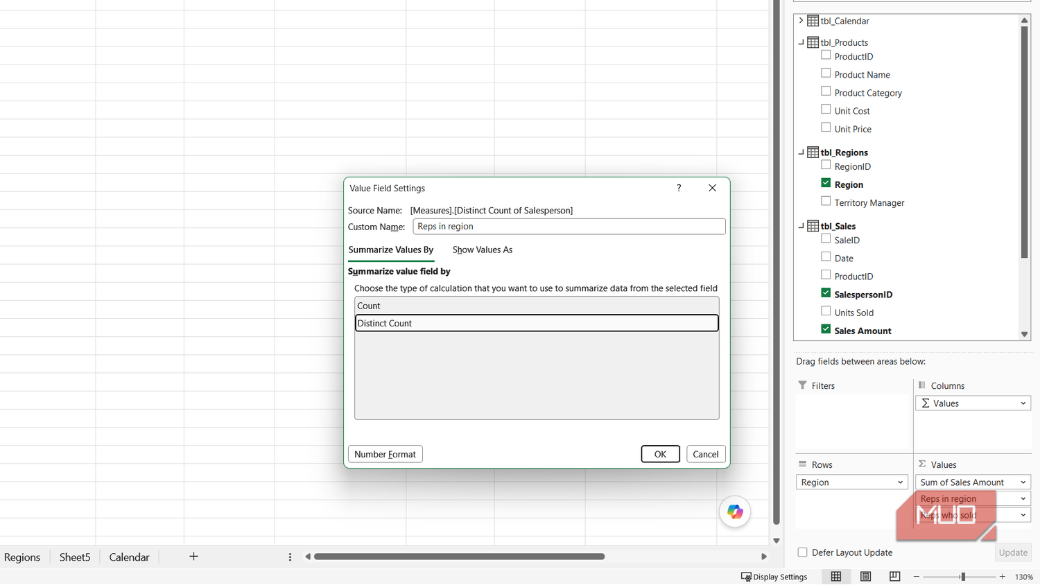 Value field settings for reps in the region in Excel.