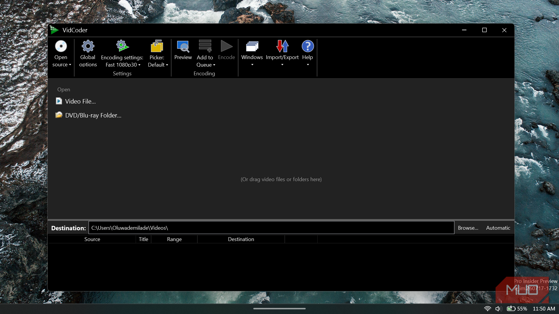 VidCoder application main window open interface.