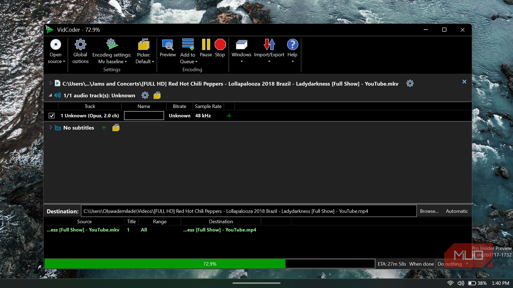 VidCoder shows the completed percentage, estimated time remaining, output path, and playback-track details during an encode.