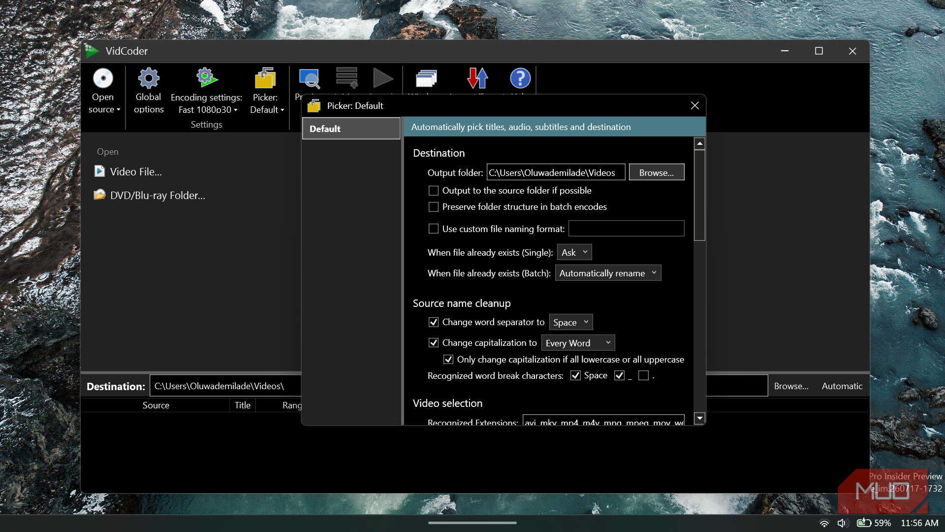 VidCoder application showing picker settingPicker rules can also automate destinations, duplicate handling, filenames, and name cleanup.s window