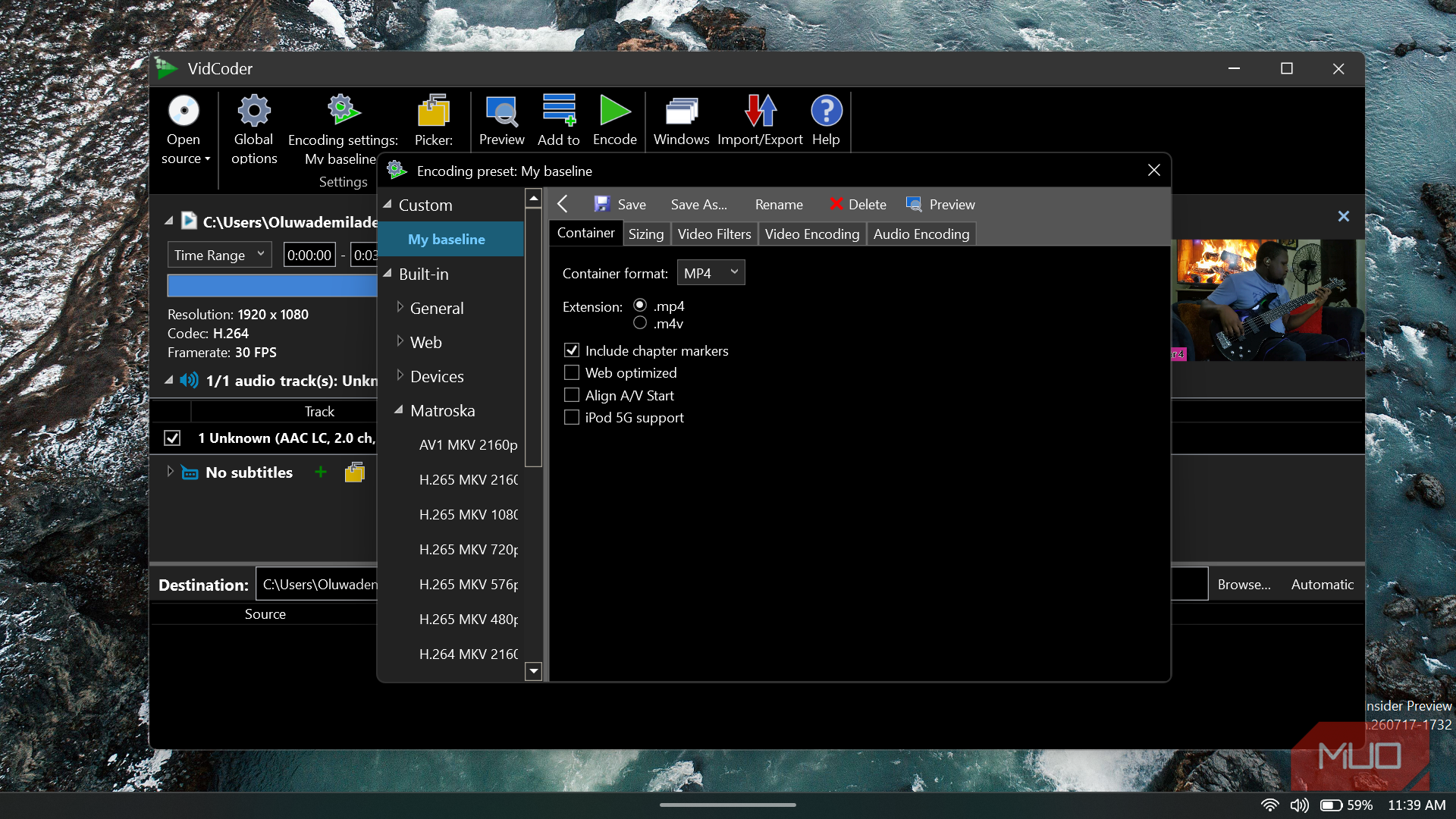 I changed the container to MP4 before saving the configuration as my own preset.