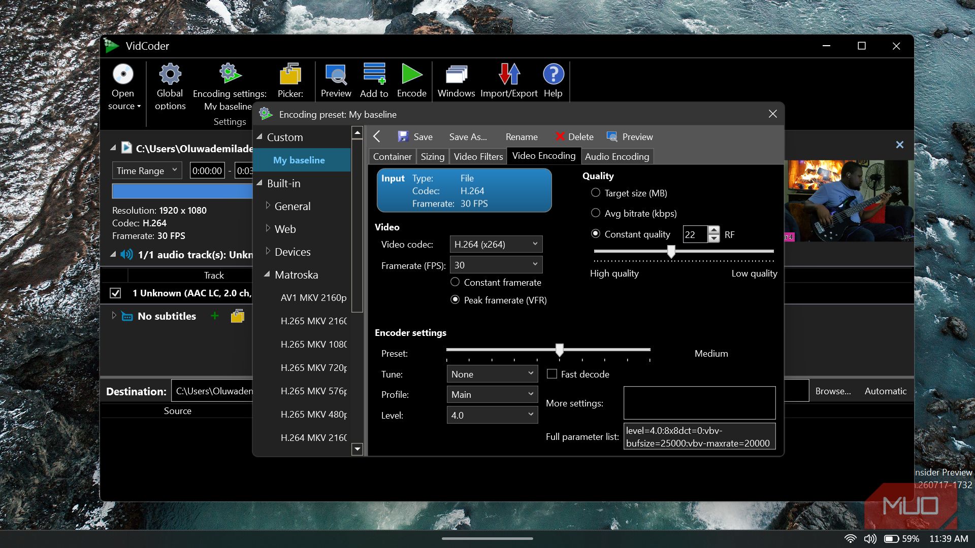 The Video Encoding tab separates codec, frame rate, quality, and encoder-speed controls.