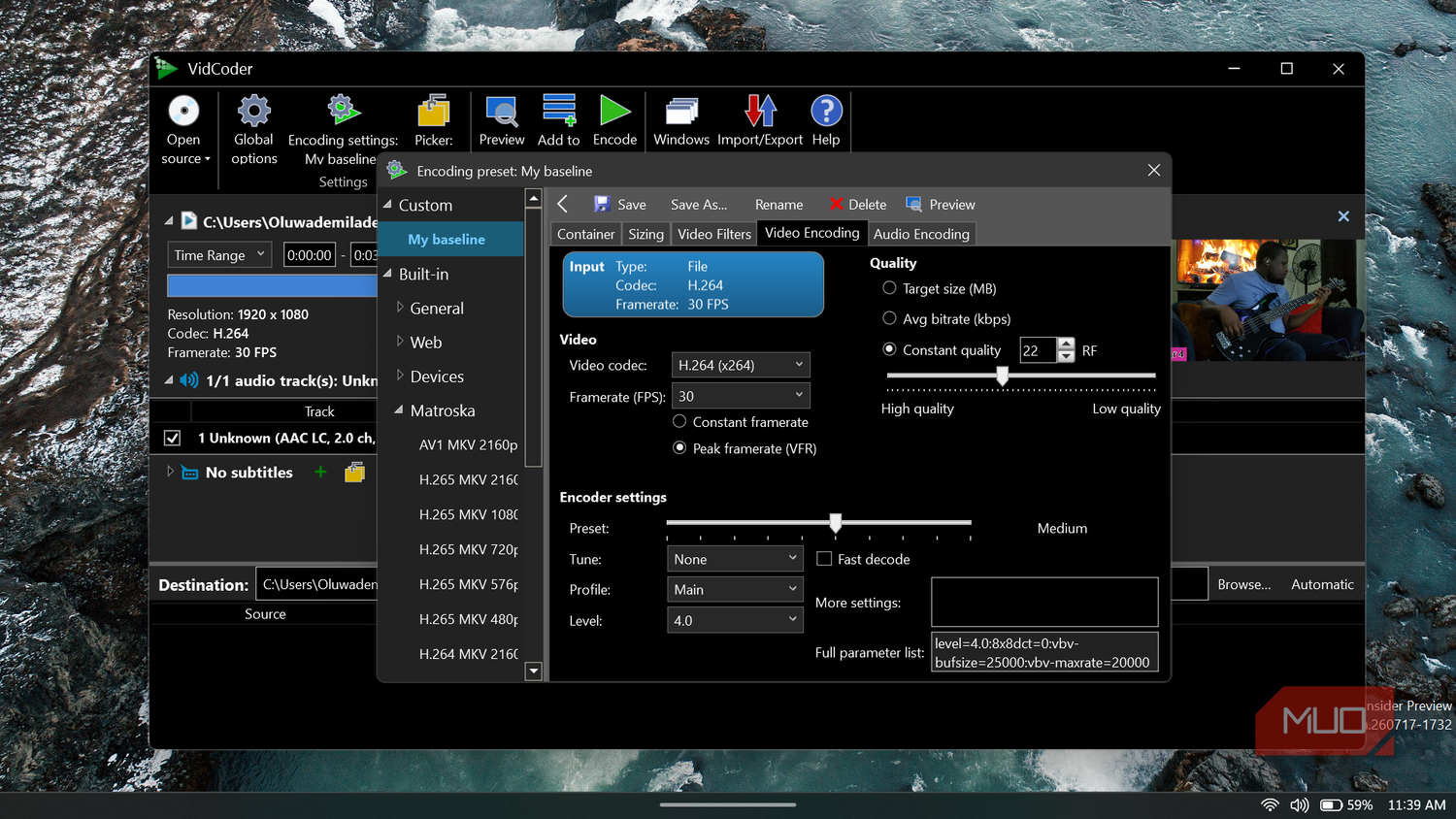 The Video Encoding tab separates codec, frame rate, quality, and encoder-speed controls.