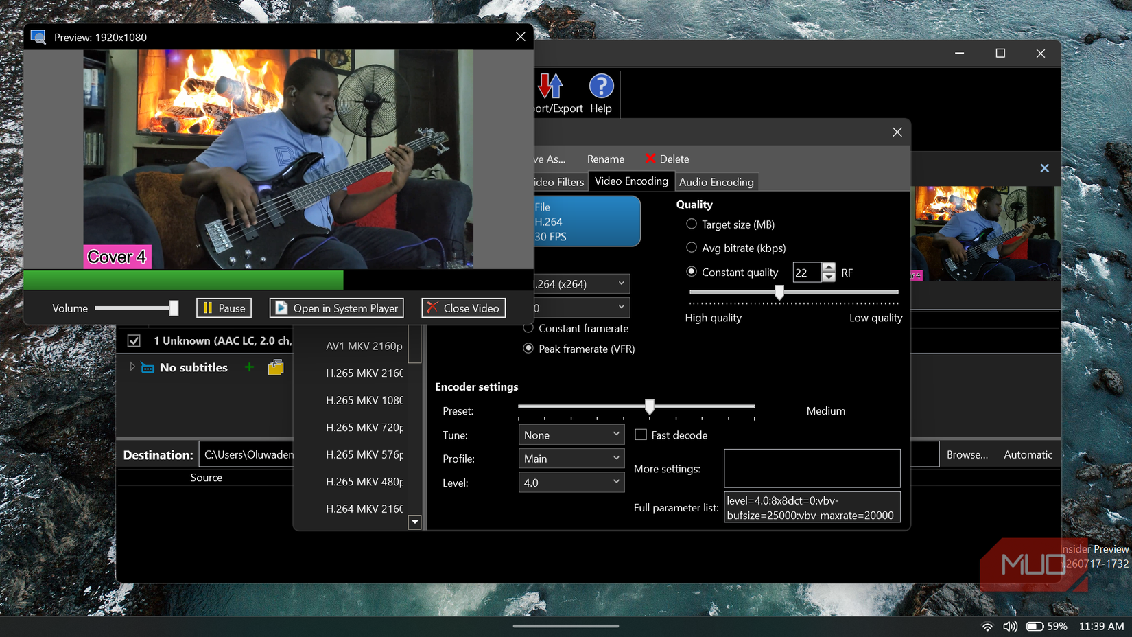 Video encoder software interface with preview window