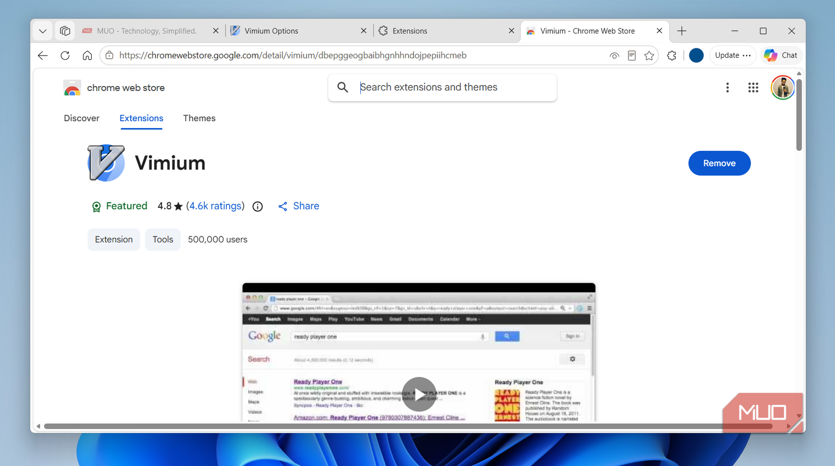 Vimium on extensions page