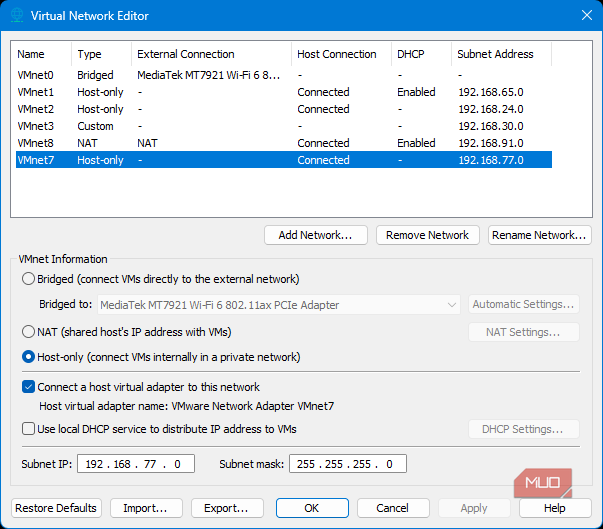 VMware virtual network editor with selected VMnet7 host-only