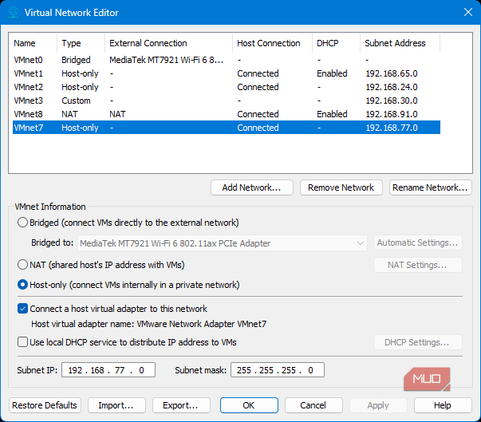 VMware virtual network editor with selected VMnet7 host-only