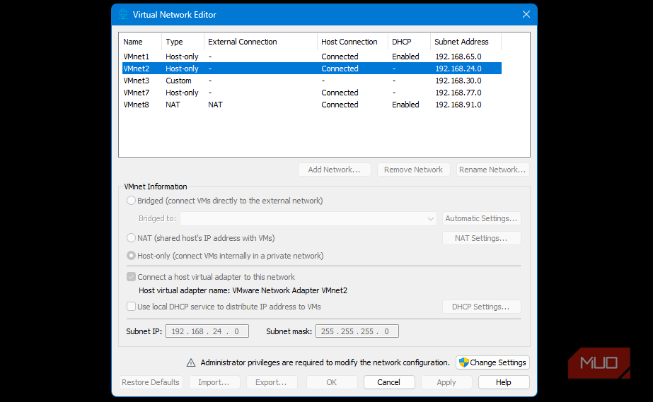 VMware's virtual network editor tables showing VMnets and IP subnets