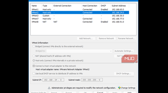 VMware's virtual network editor tables showing VMnets and IP subnets