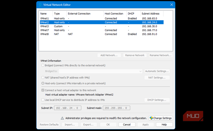 VMware's virtual network editor tables showing VMnets and IP subnets