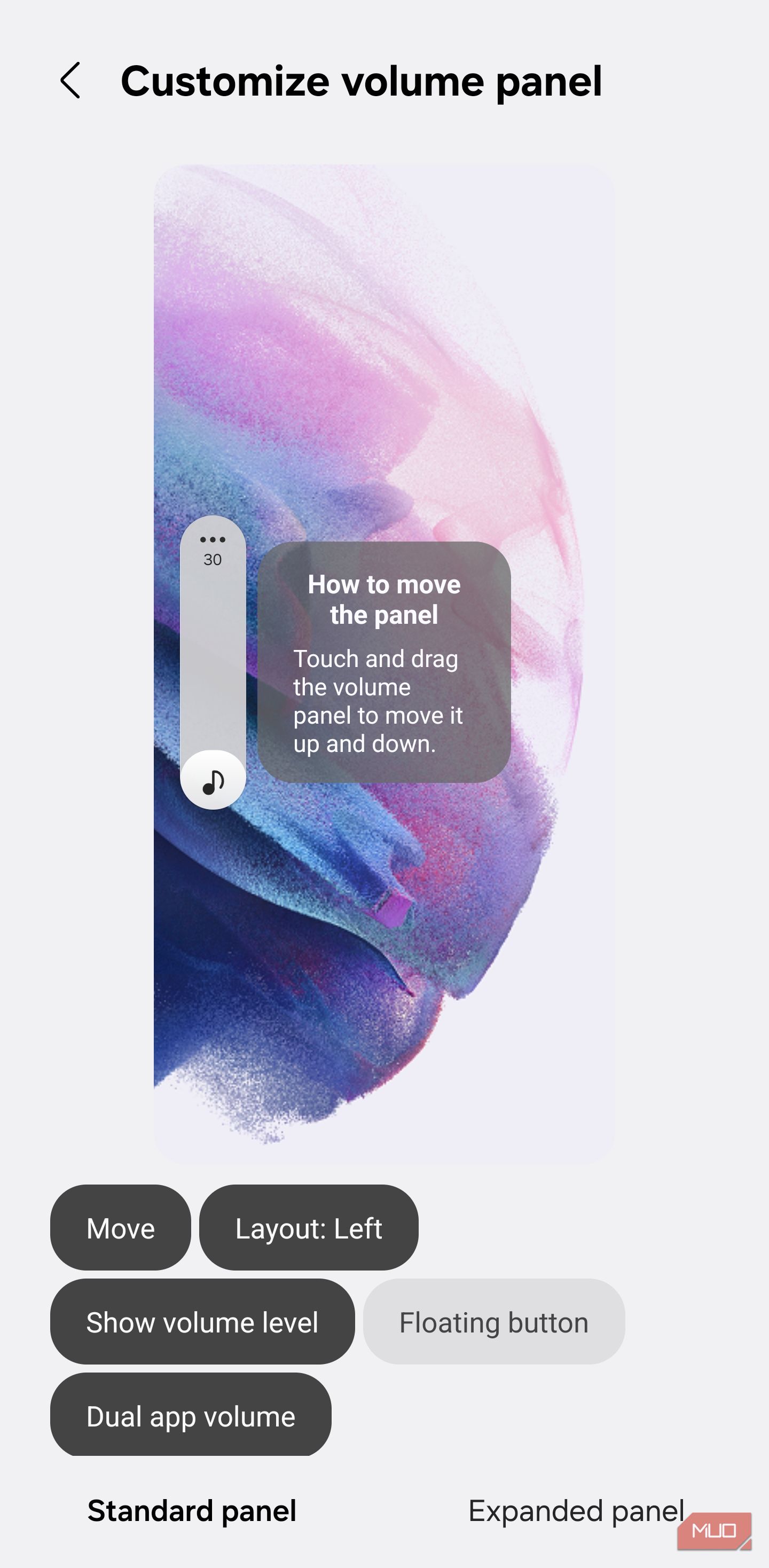 Volume panel positioned on the left side of screen