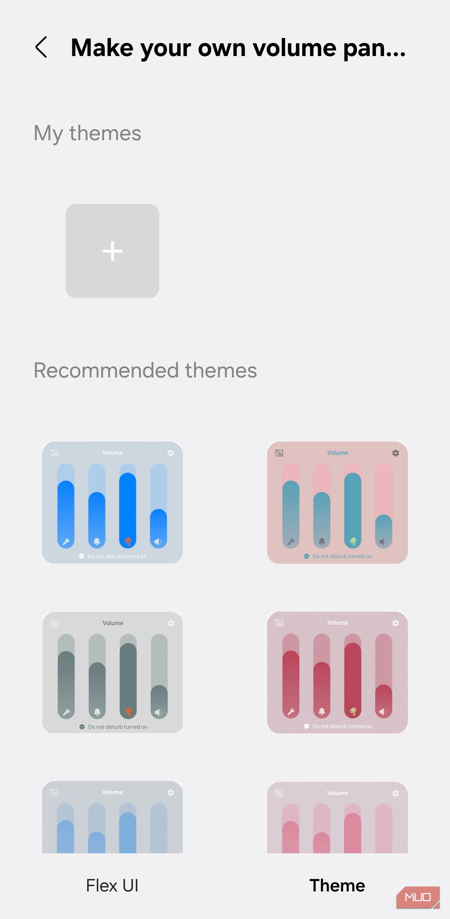 Volume panel theme options with Flex UI and color presets