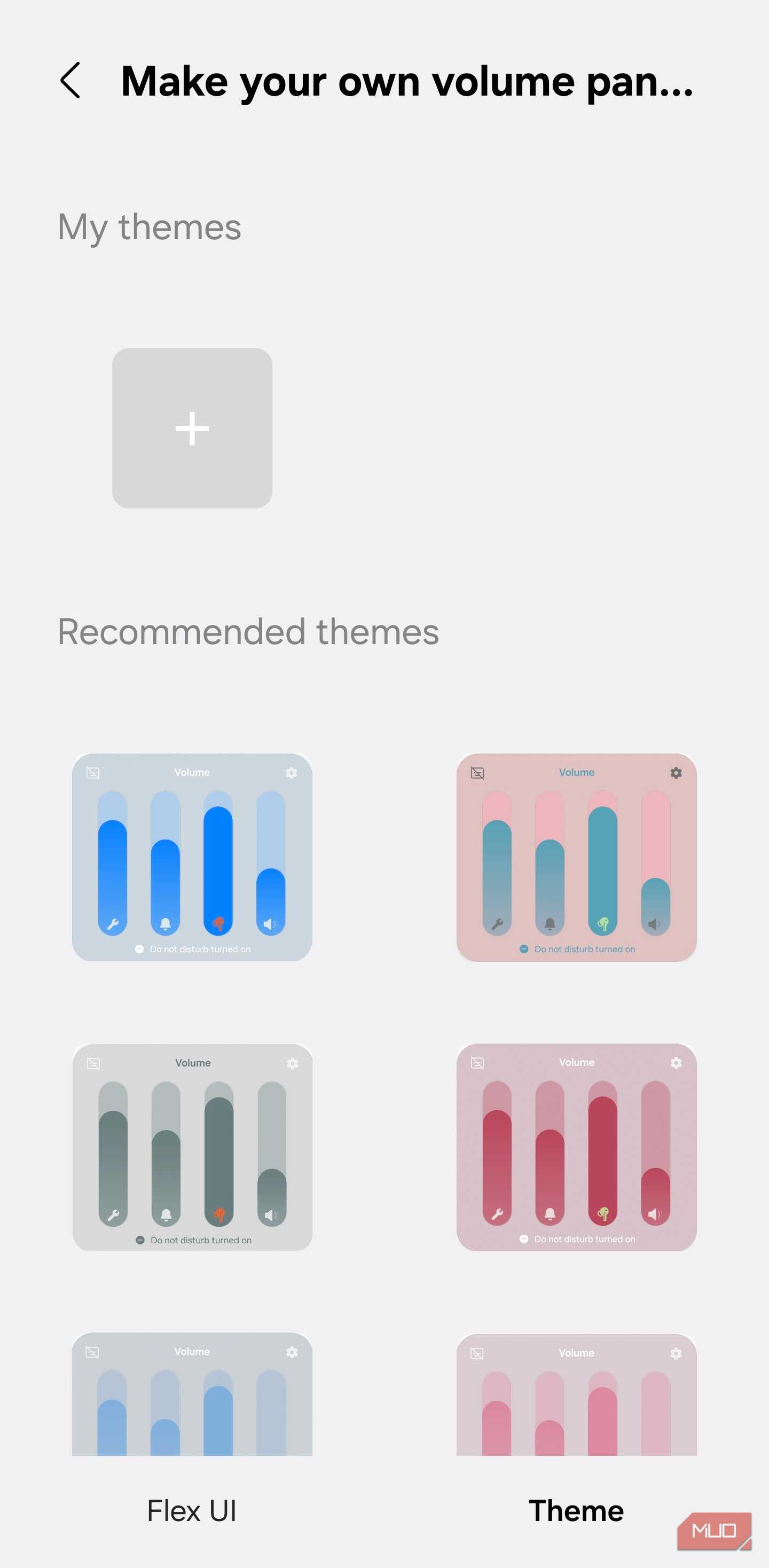 Volume panel theme options with Flex UI and color presets