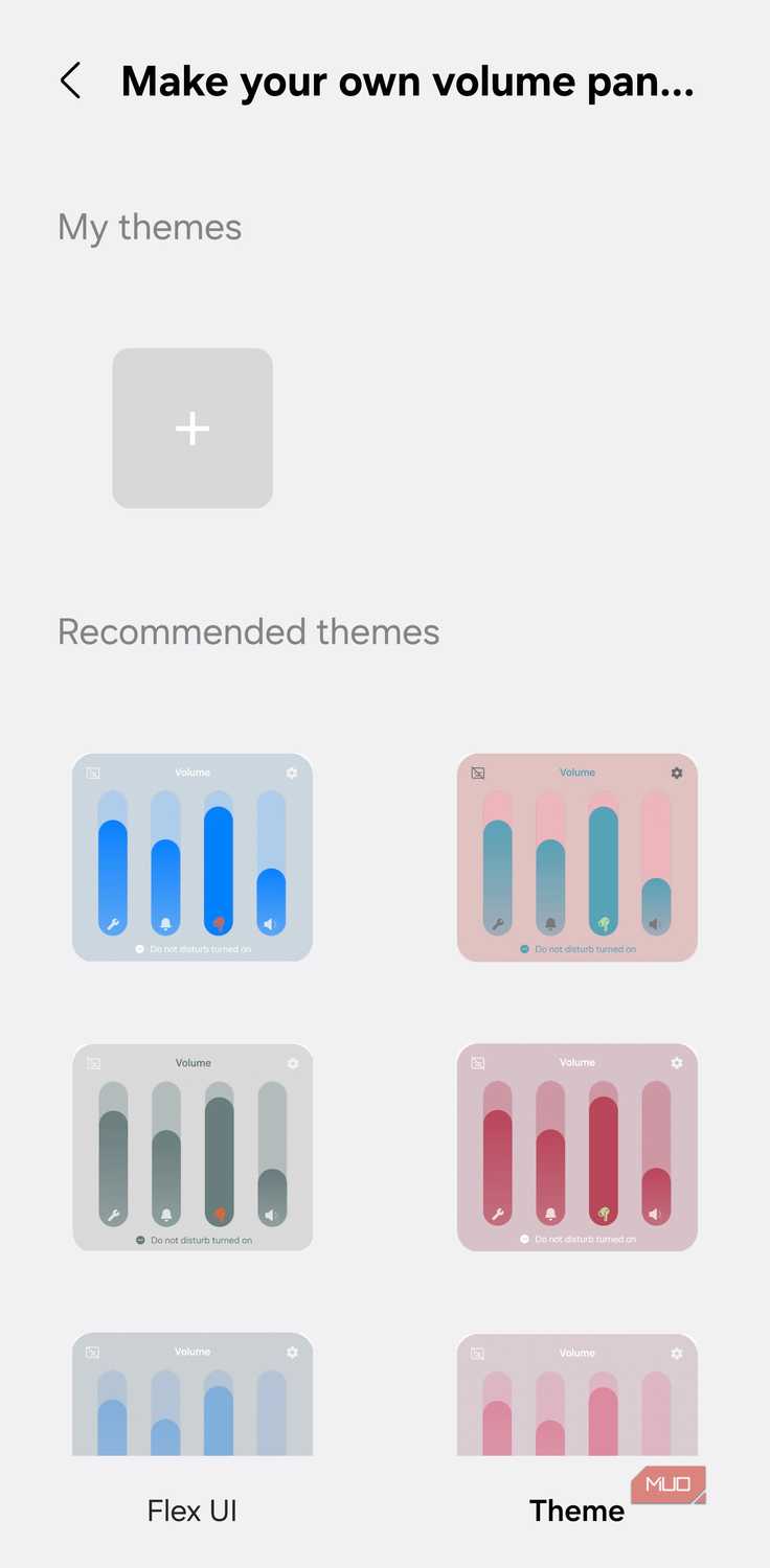 Volume panel theme options with Flex UI and color presets