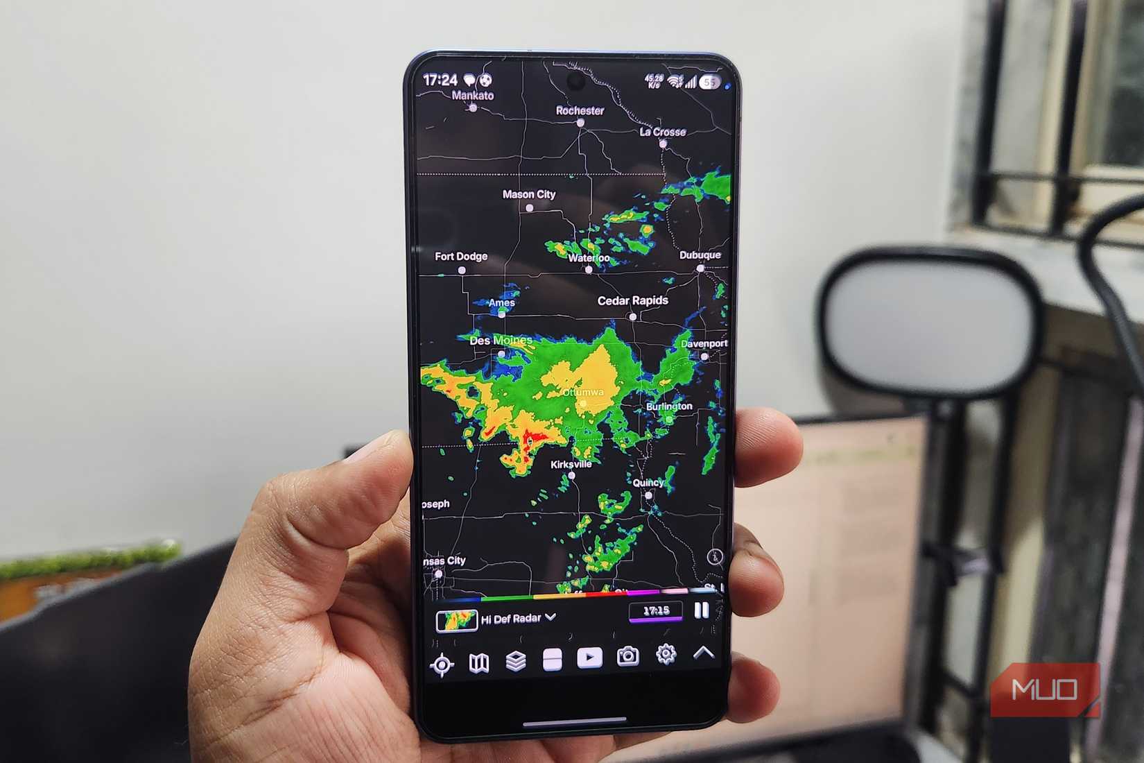 Weather app on showing radar view