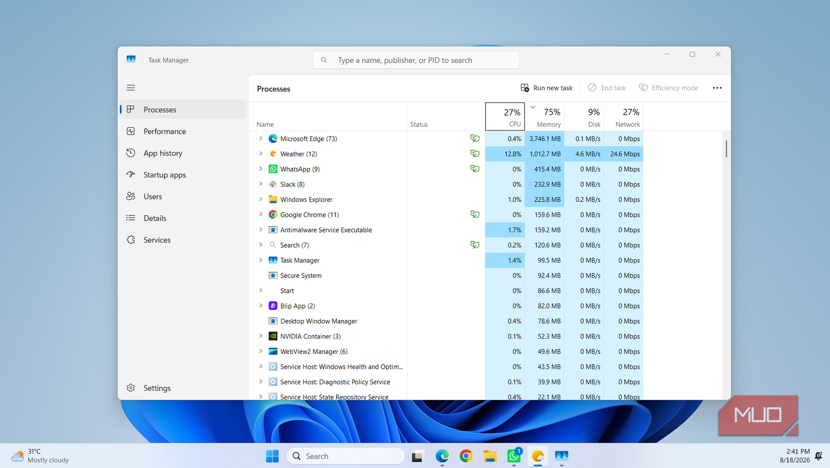 Weather app on Windows 11 showing 1 GB of RAM usage