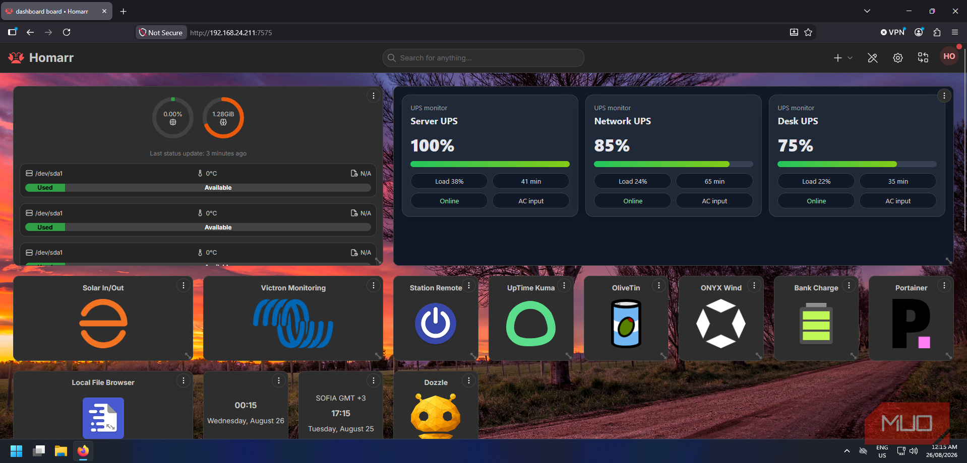 Homarr dashboard running in a Docker container accessed via LAN IP address