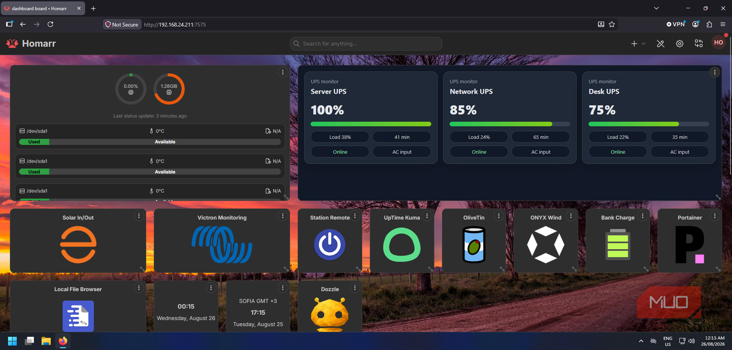 Homarr dashboard running in a Docker container accessed via LAN IP address