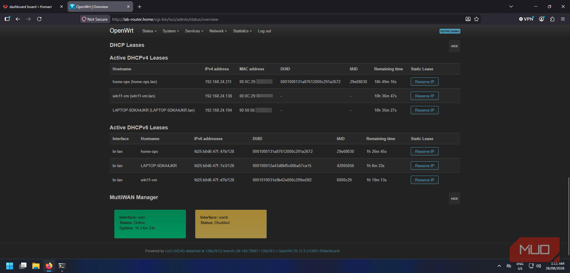 OpenWRT overview page with current DHCP leases