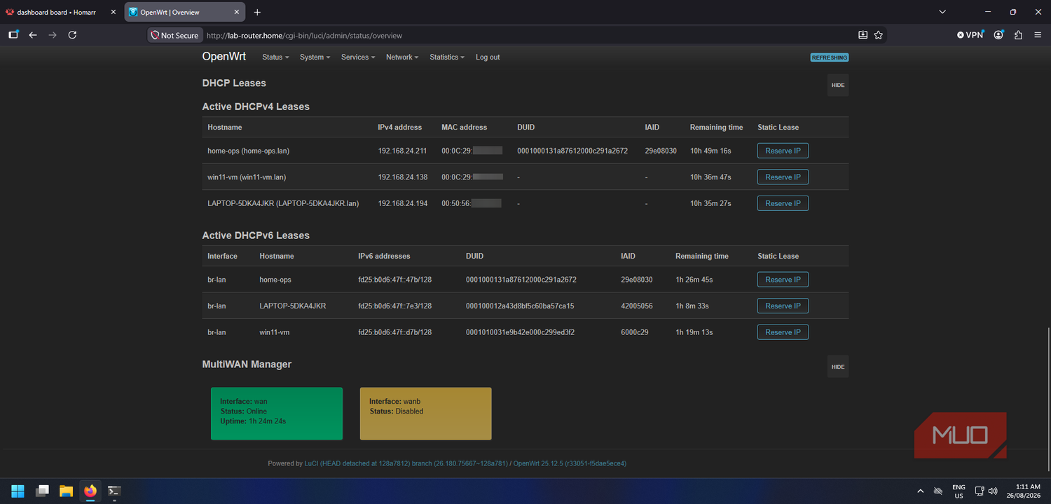 OpenWRT overview page with current DHCP leases