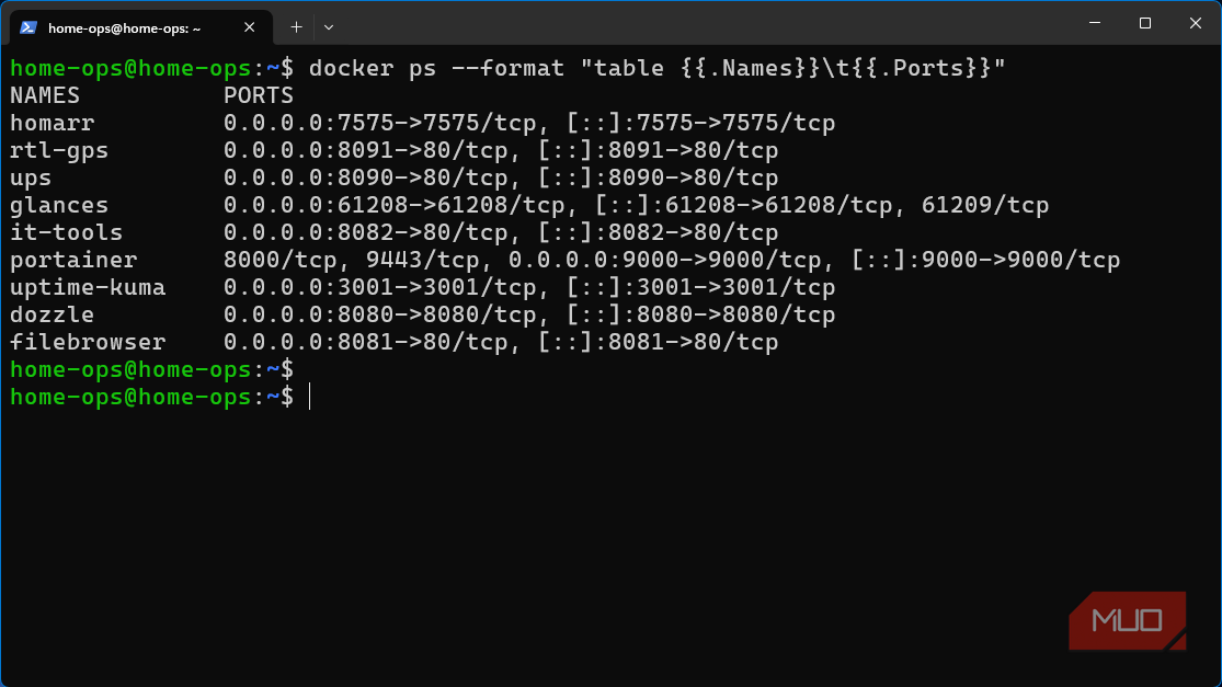 Server's Docker containers and published ports before changes