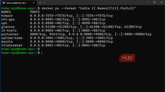 Server's Docker containers and published ports before changes