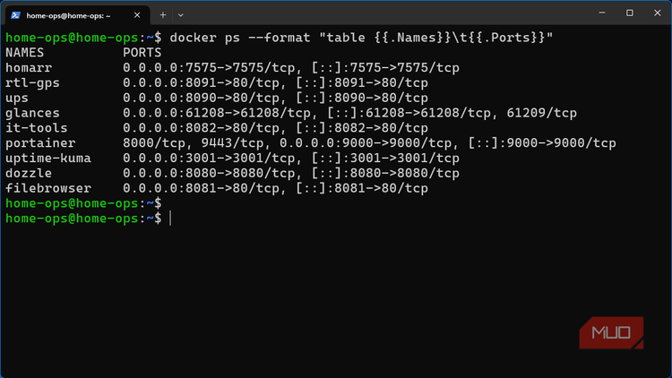 Server's Docker containers and published ports before changes