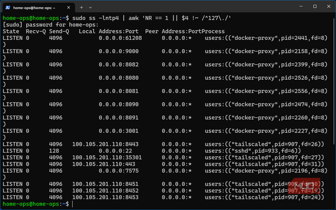 Listening ports of Docker container services with PID