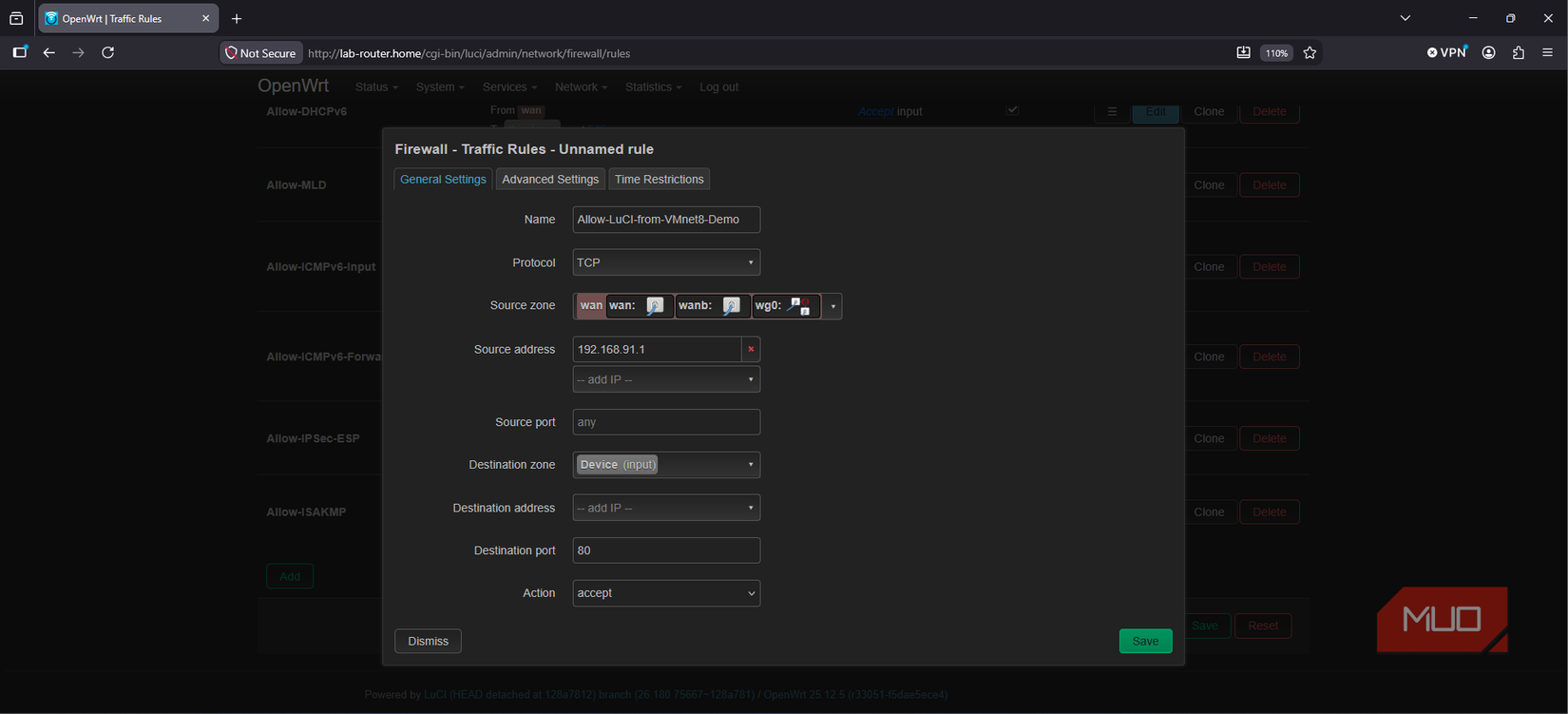 Creating the port 80 firewall rule for WAN firewall zone and host laptop