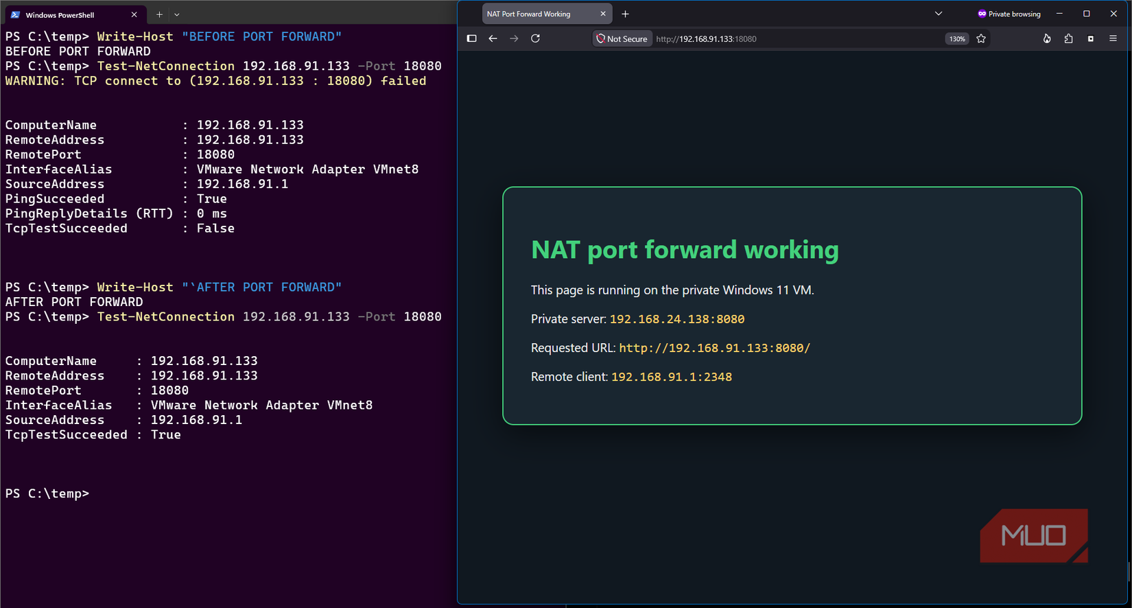Windows 11 host accessing the web sever on Windows 11 VM through WAN interface after adding port forward rule