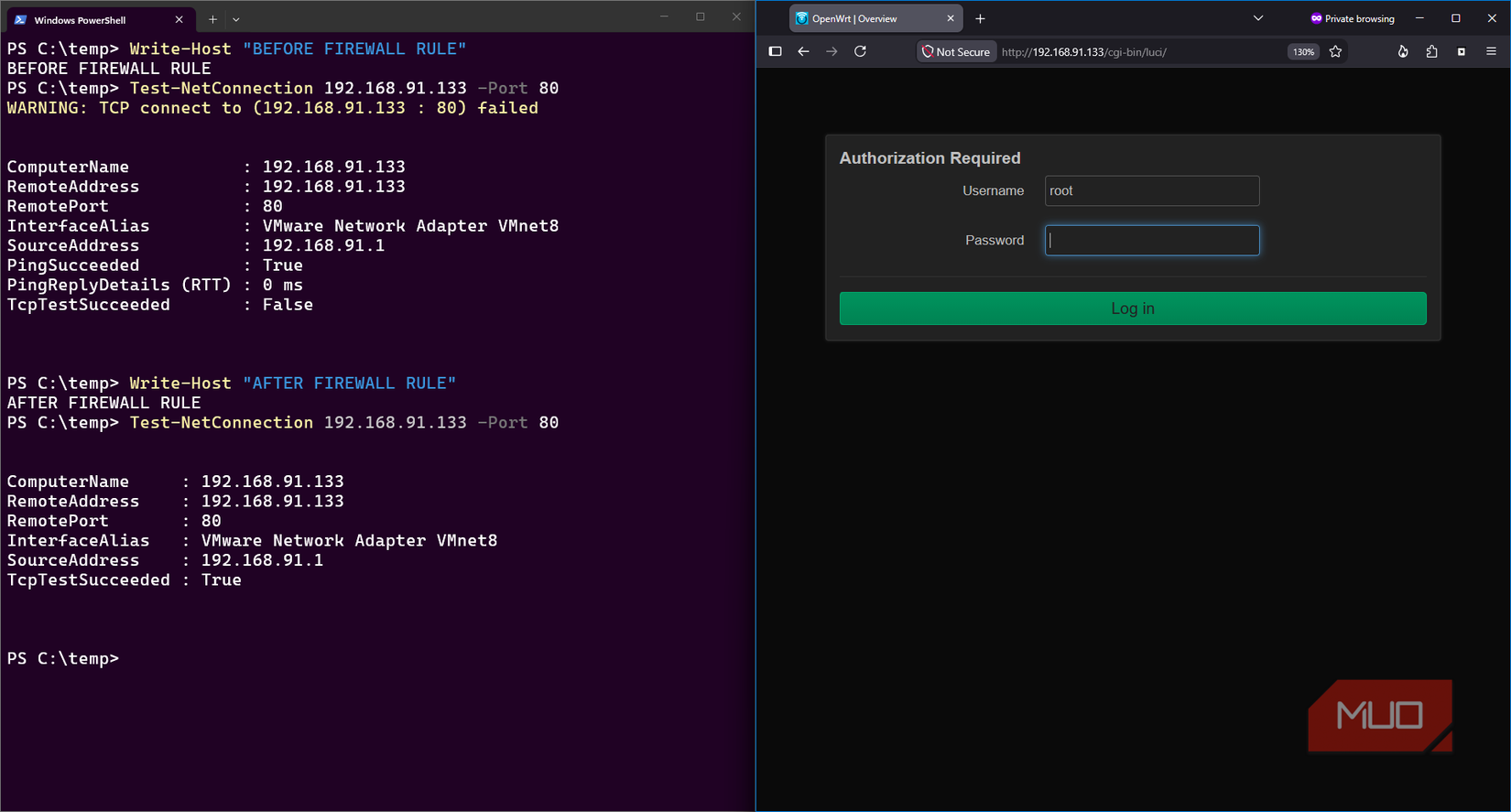 Windows 11 host laptop before and after results of Test-NetConnection when adding port 80 firewall rule