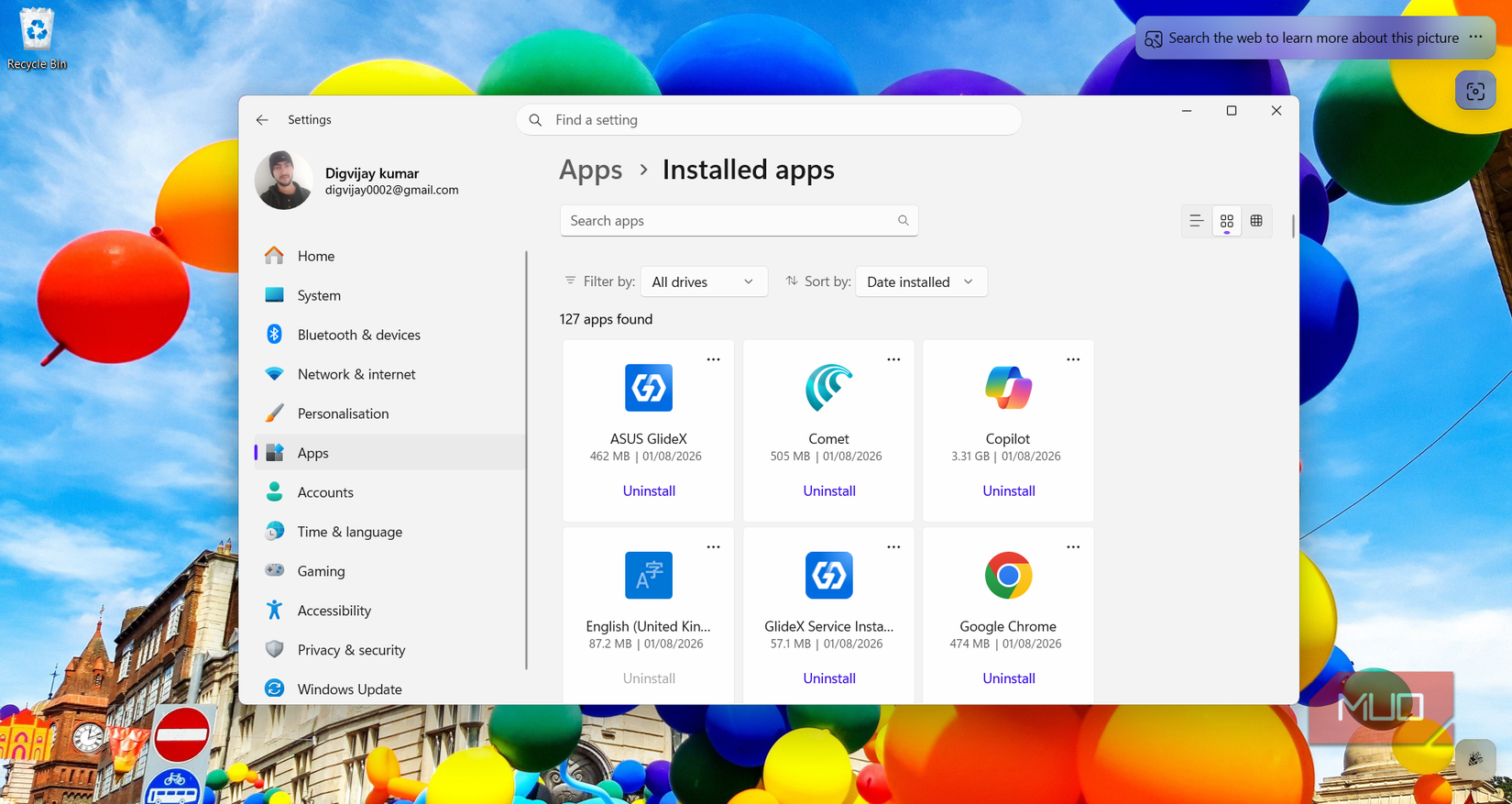 Windows 11 Installed apps page showing uninstall options