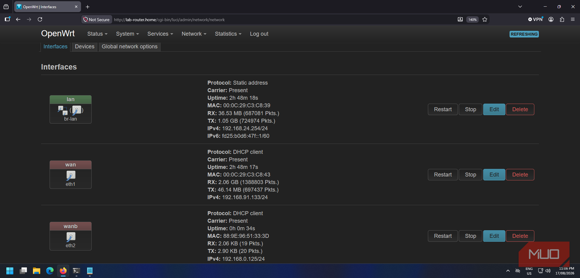 OpenWRT's LuCI interface showing LAN and WAN interfaces and connection details