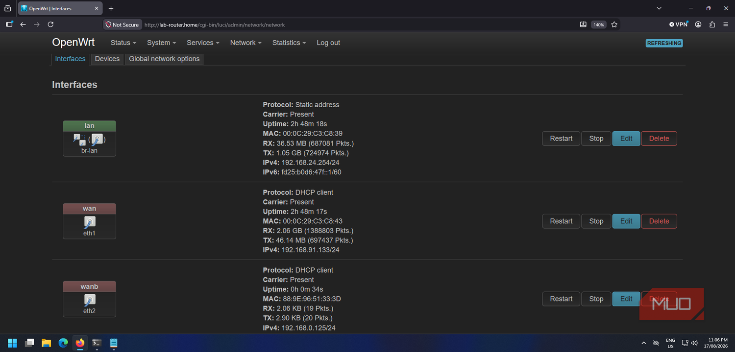 OpenWRT's LuCI interface showing LAN and WAN interfaces and connection details