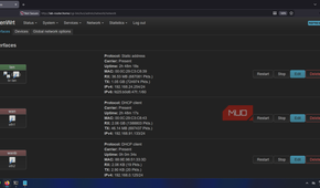 OpenWRT's LuCI interface showing LAN and WAN interfaces and connection details