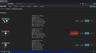 OpenWRT's LuCI interface showing LAN and WAN interfaces and connection details