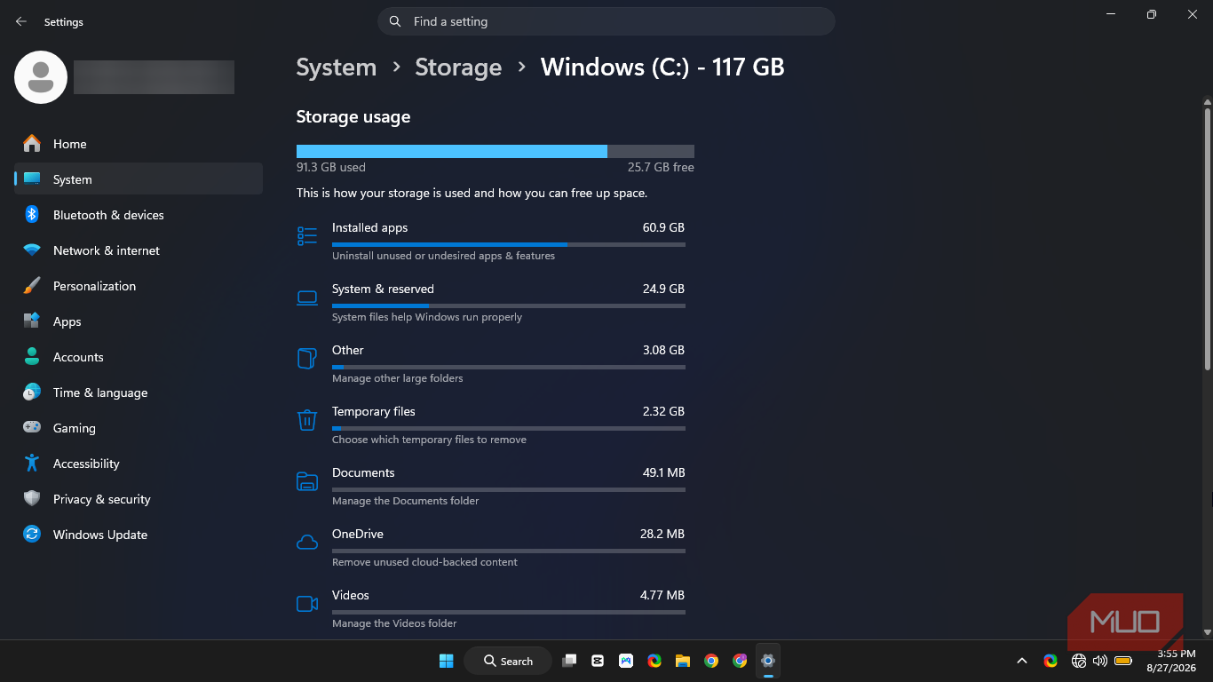 windows 11 system storage overview of the used and free space on it.