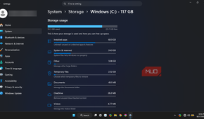 windows 11 system storage overview of the used and free space on it.