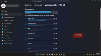 windows 11 system storage overview of the used and free space on it.