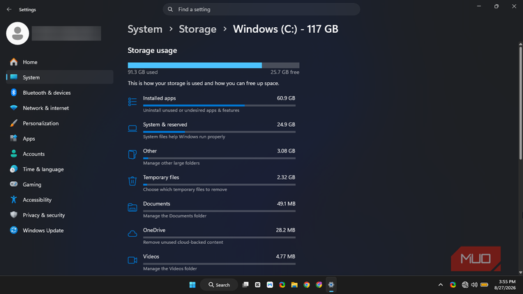 windows 11 system storage overview of the used and free space on it.